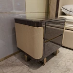 Dark Glossy Nightstand with Woven Leather Side Panels and Hidden Drawer Pulls